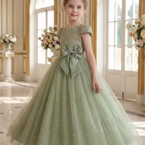 Vestido de fiesta verde olivo detalle lazo patrón geométrico