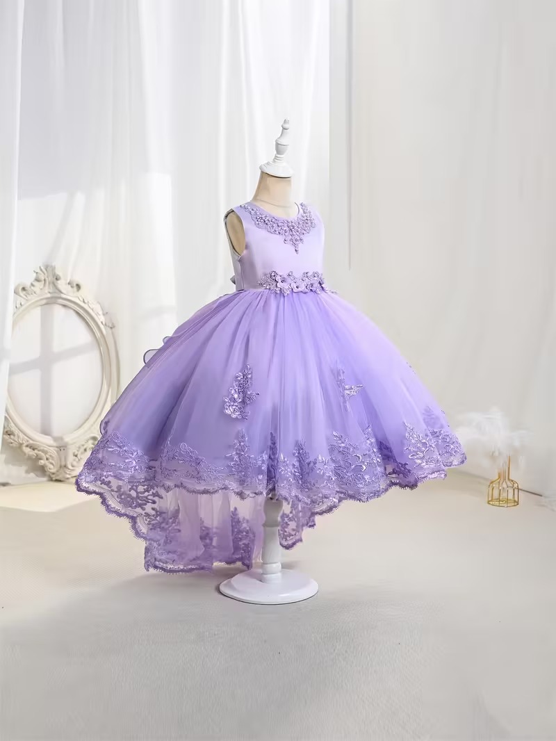 Vestido fiesta flores bordadas midi lentejuelas lila - Imagen 2