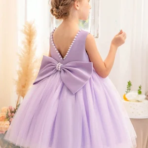 Vestido fiesta niñitas lila lazo cuello v atrás con perlas premium