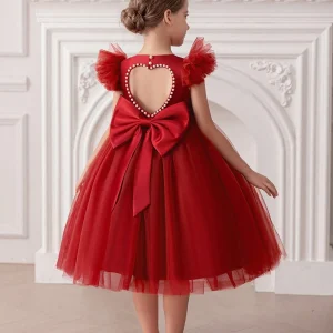 Vestido fiesta espalda corazón con perlas mangas moño burdeo