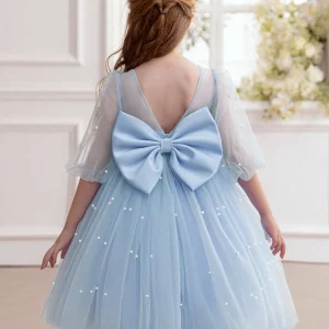 Vestido fiesta manga 3/4 elegante con lazo y perlas celeste
