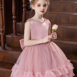 Vestido de fiesta falda tutu rosa nude lazo grande