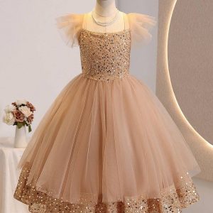 Vestido de fiesta silueta A, lentejuelas tul transparente nude