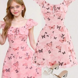 Vestido casual estampado mariposa cintura ceñida rosa