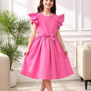 Vestido casual algodón manga 2 capas cuello redondo fuccia
