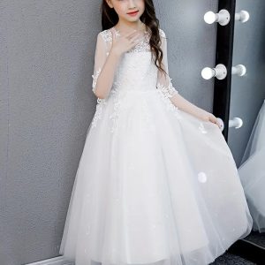 Vestido fiesta blanco de encaje y tul manga 3/4 estilo princesa