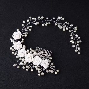 Diadema elegante con rosa y perla falsa blanco