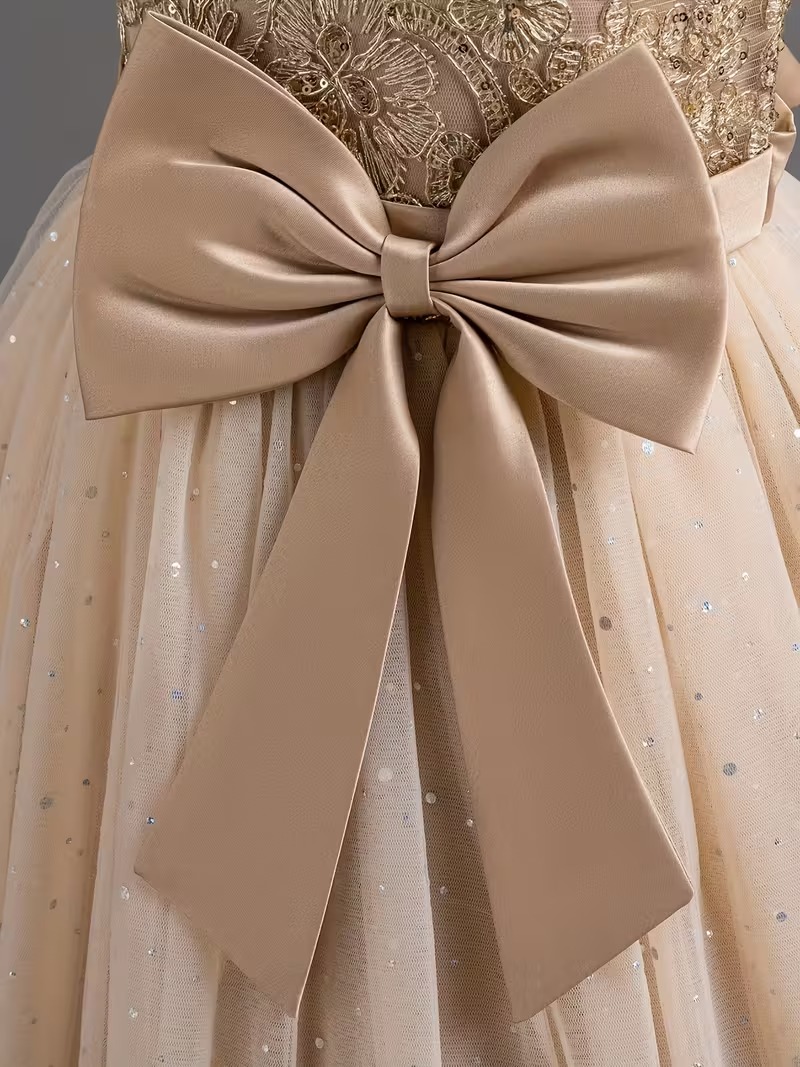 Vestido de fiesta nude detalle lazo patrón geométrico - Imagen 4