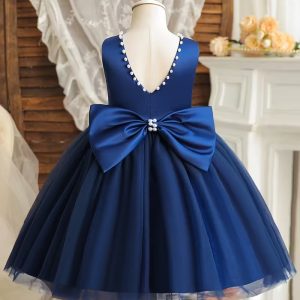 Vestido fiesta niñitas lazo cuello v atrás con perlas azul