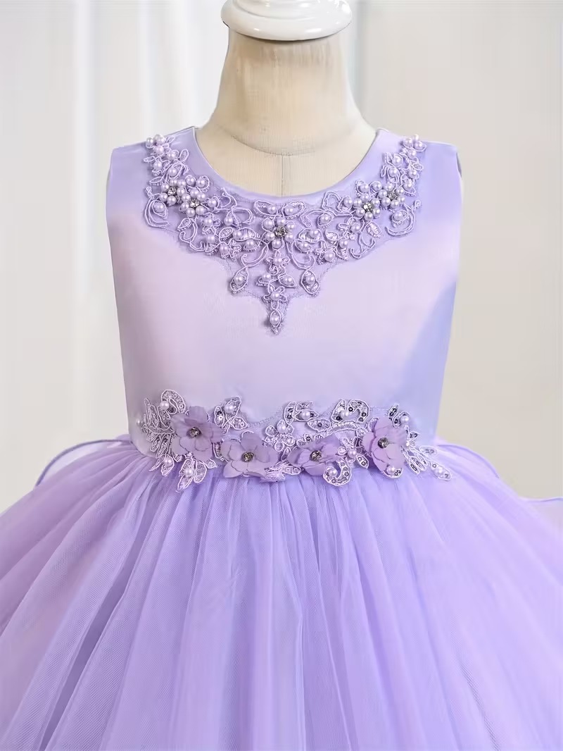 Vestido fiesta flores bordadas midi lentejuelas lila - Imagen 3