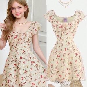 Vestido casual estampado mariposa cintura ceñida crema