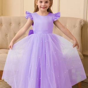 Vestido de fiesta lila con perlas maxi manga capa cuello v atras