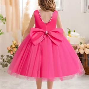 Vestido fiesta niñitas fuccia lazo cuello v atrás con perlas