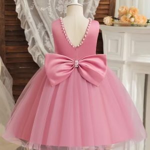 Vestido fiesta niñitas rosado lazo cuello v atrás con perlas