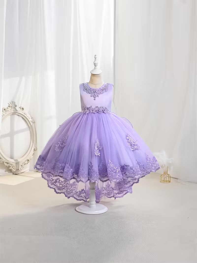 Vestido fiesta flores bordadas midi lentejuelas lila - Imagen 4