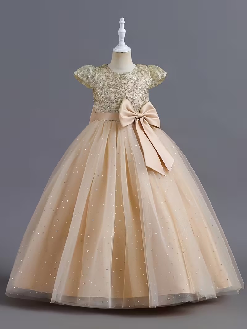 Vestido de fiesta nude detalle lazo patrón geométrico - Imagen 7