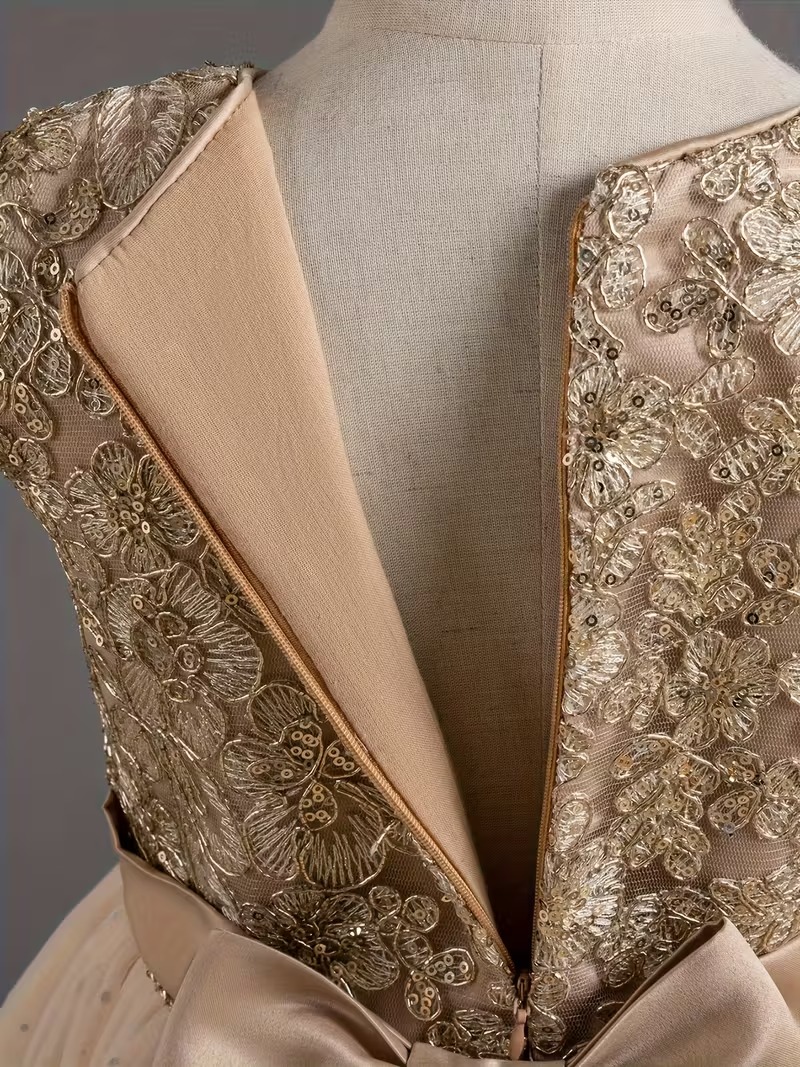 Vestido de fiesta nude detalle lazo patrón geométrico - Imagen 3