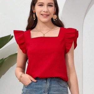 Blusa casual Jacquard cuello cuadrado rojo