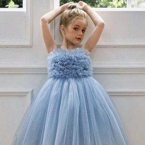 Vestido princesa elegante flores y tul talle alto celeste