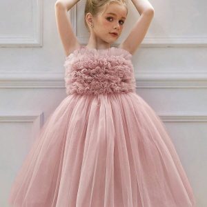 Vestido princesa elegante flores y tul talle alto rosa nude