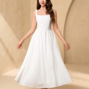 Vestido fiesta blanco escote cuadrado midi cintura ajustada