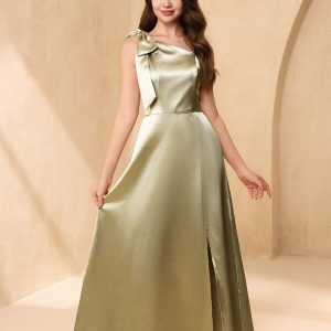 Vestido verde olivo elegante lazo hombros asimétrico