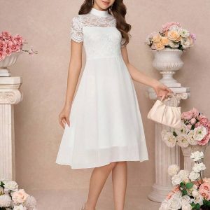 Vestido elegante blanco encaje y gasa adolescentes
