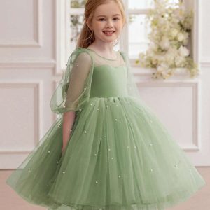 Vestido fiesta manga 3/4 elegante con lazo y perlas verde olivo