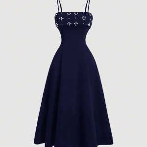 Vestido elegante con perlas pecho maxi corte baja campana azul
