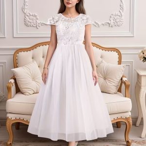Vestido fiesta blanco elegante premium falda acampanada bordado flores