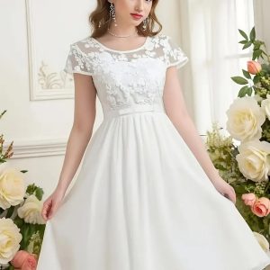 Vestido fiesta blanco falda acampanada bordado flores