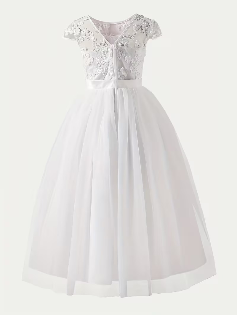 Vestido fiesta blanco elegante premium falda acampanada bordado flores - Imagen 2