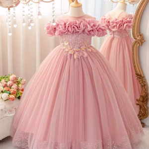 Vestido fiesta con tul rosa cuarzo con lentejuelas detalle pecho