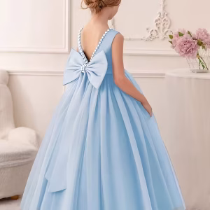 Vestido celeste elegante cuello v con perlas y Lazo atrás