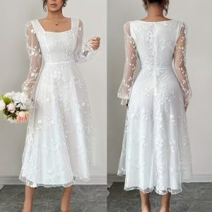 Vestido elegante blanco estampado flores manga larga