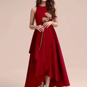 Vestido elegante rayón maxi manga cero burdeo