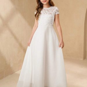 Vestido elegante blanco aplicaciones en encaje y satén brillante