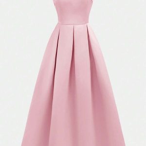 Vestido elegante entallado largo linea A con tirantes transparentes rosa