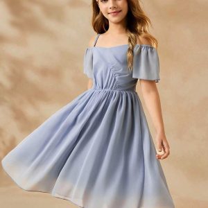 Vestido casual gasa cintura fruncida hombros descubiertos celeste azulado