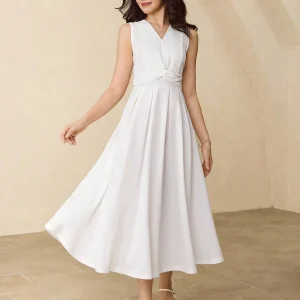 Vestido elegante blanco escote V cintura ceñida