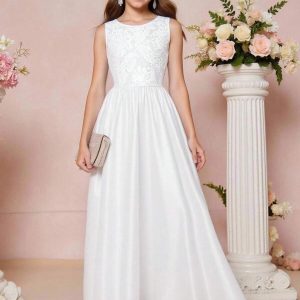 Vestido blanco de fiesta largo detalle encaje falda satén
