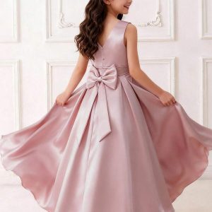 Vestido elegante satén rosa cuello redondo