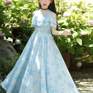 Vestido casual floral maxi linea A acampanado celeste