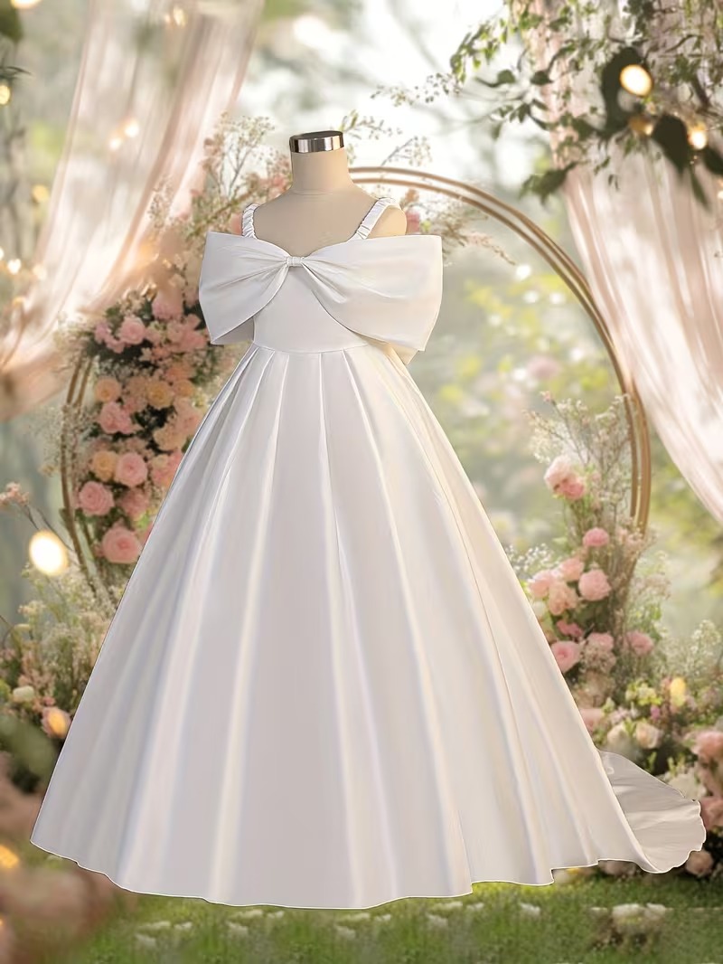 Vestido blanco de fiesta satén maxi con lazo grande sin mangas - Imagen 4