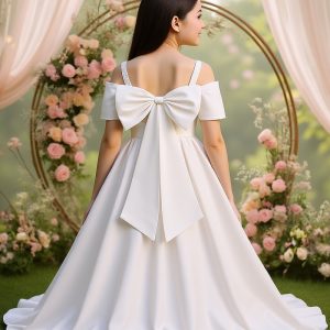 Vestido blanco de fiesta satén maxi con lazo grande sin mangas