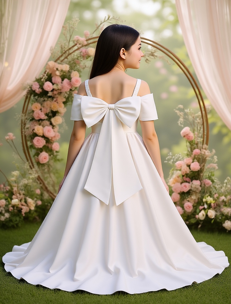 Vestido blanco de fiesta satén maxi con lazo grande sin mangas
