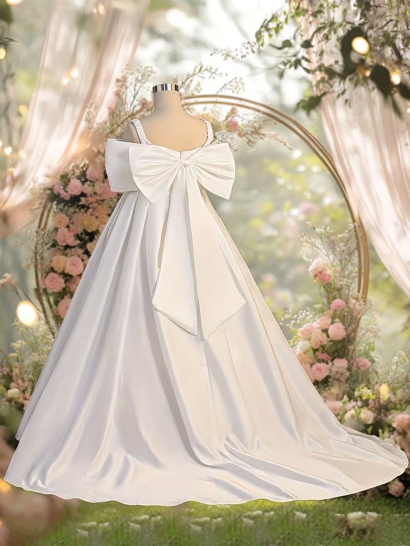 Vestido blanco de fiesta satén maxi con lazo grande sin mangas - Imagen 3