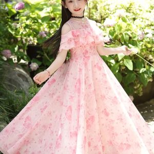 Vestido casual floral maxi linea A acampanado rosa