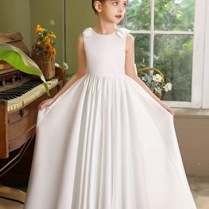Vestido fiesta satén blanco lazo en hombros estilo princesa