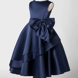 Vestido fiesta satén elegante falda asimétrico sin mangas azul